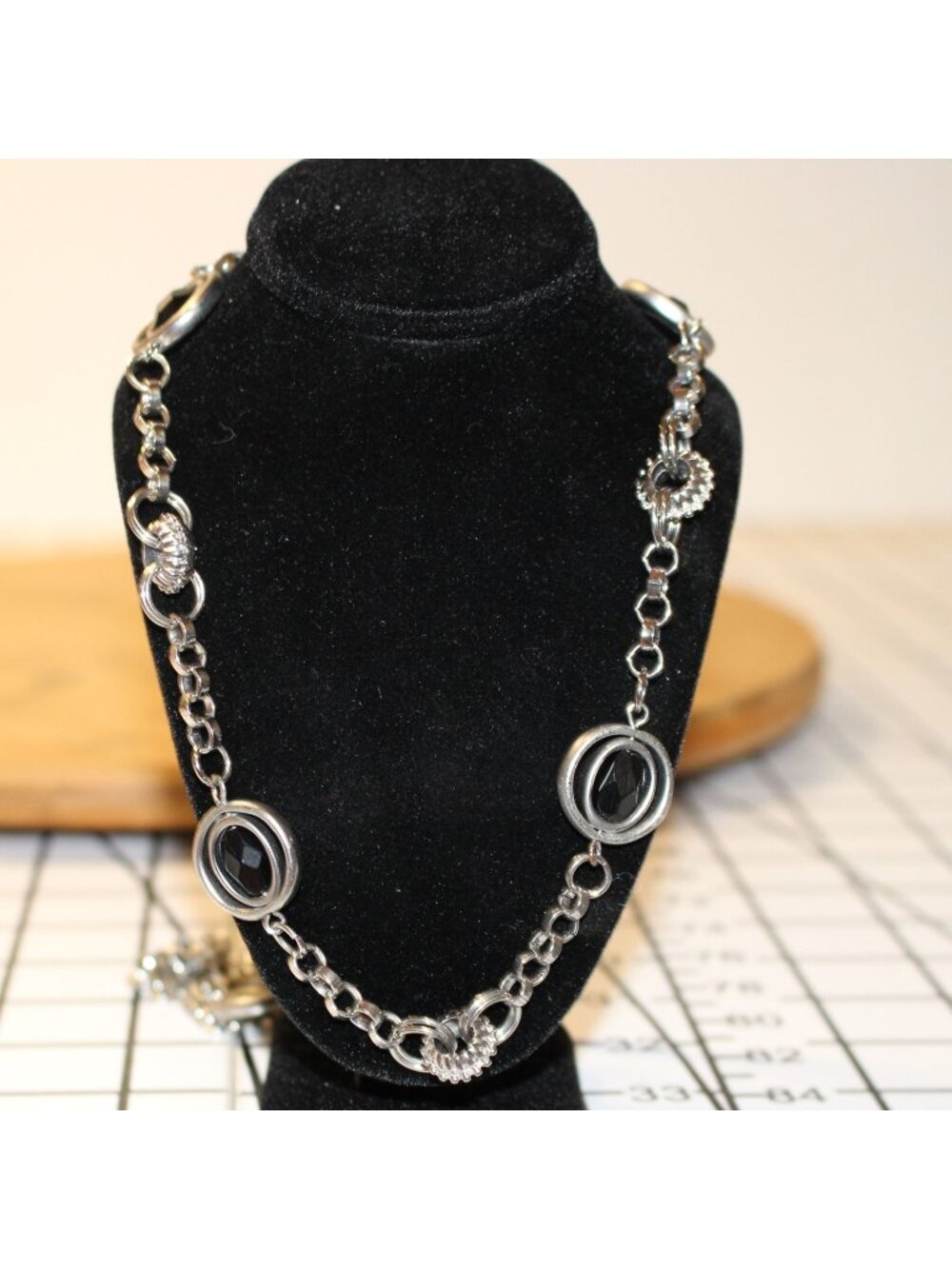 Vintage Silver Tone Faceted Black Spinning Bead Station Long Fidget Necklace